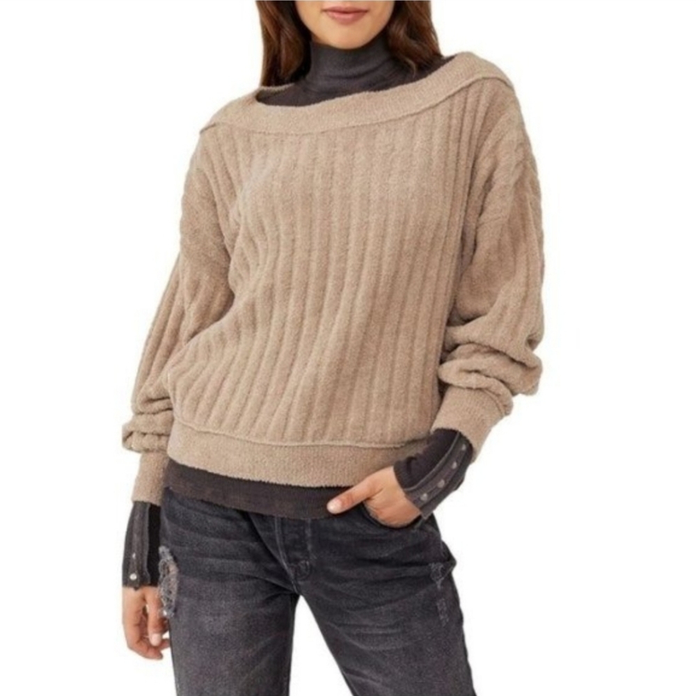 FREE PEOPLE Cabin Fever Tan Ribbed Cozy Fleece Oversized Crop Sweater Women's XL